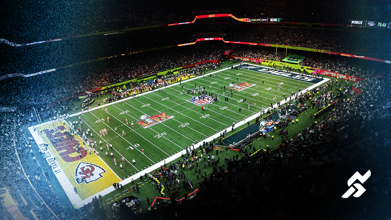 bird's-eye view of Super Bowl LIX at Caesars Superdome
