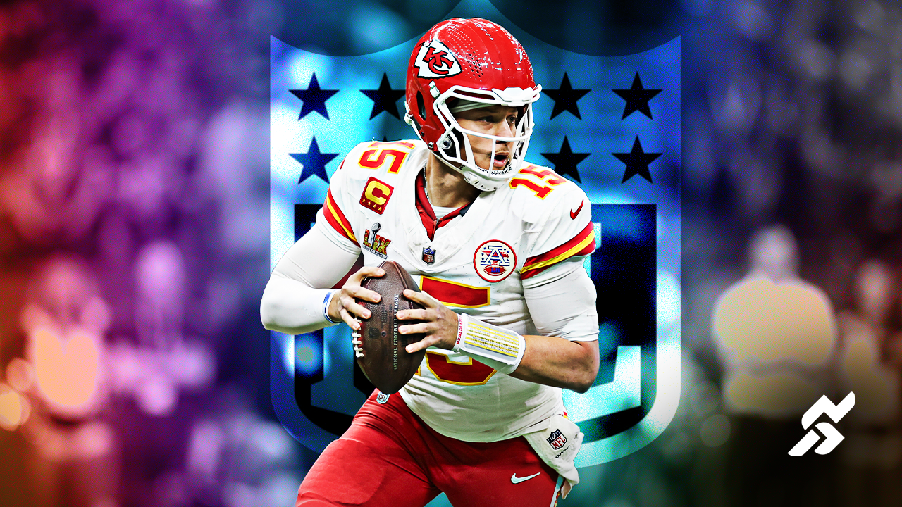 Patrick Mahomes in front of NFL shield